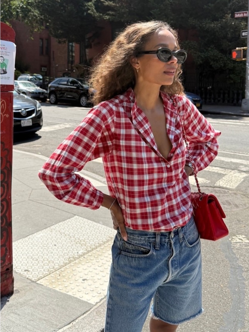 Doen Red and White Plaid Button-Down Blouse for Women